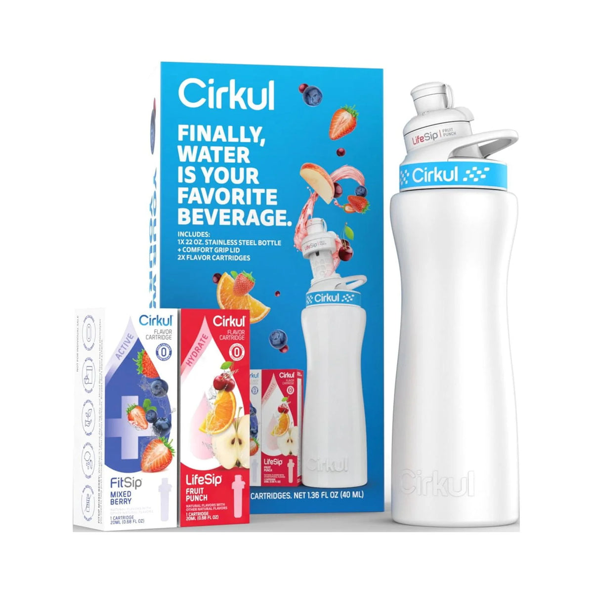 22 oz White Stainless Steel Water Bottle Starter Kit with 2 Flavor Cartridges G10270