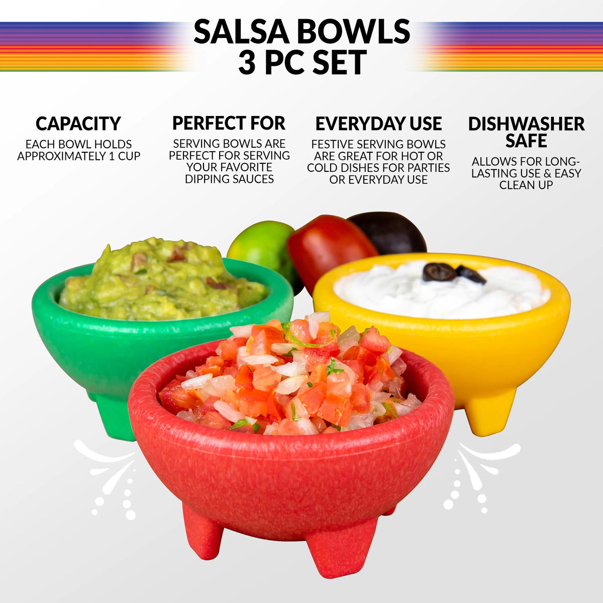 3-Piece Salsa Bowl Set in Yellow, Green & Red X62827